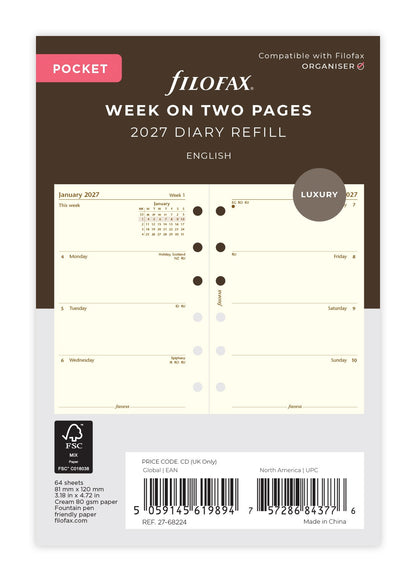Filofax Pocket Week on Two Pages Diary Refill 2027 – Cotton Cream Paper
