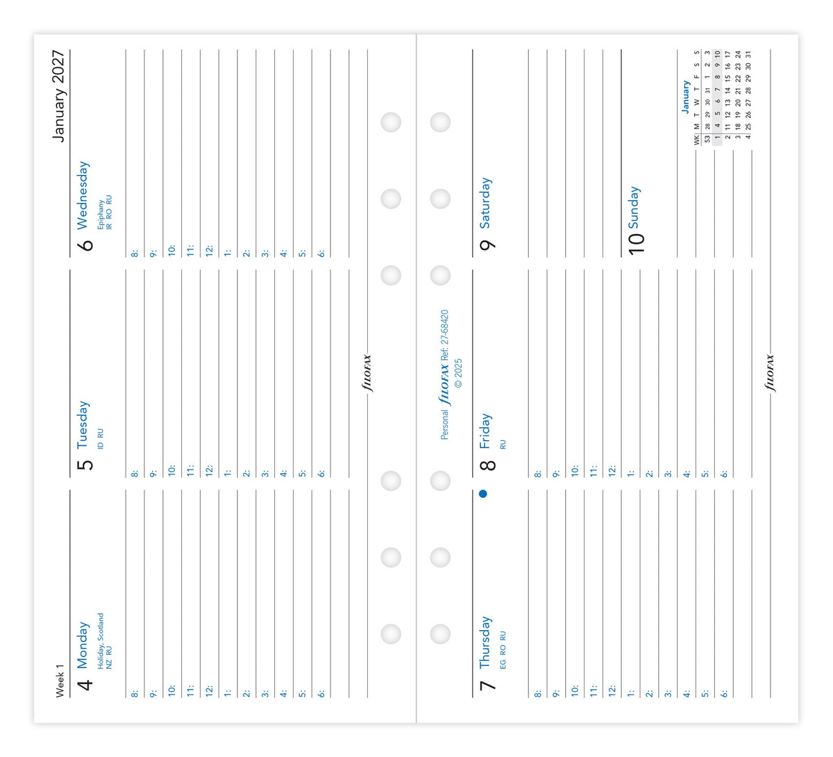 Filofax Personal Horizontal Week on Two Pages Diary Refill 2027 – With Appointments
