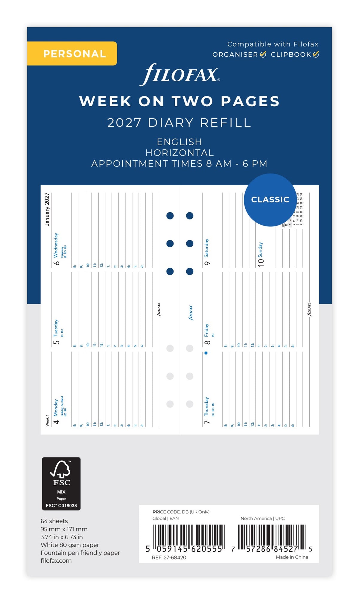 Filofax Personal Horizontal Week on Two Pages Diary Refill 2027 – With Appointments