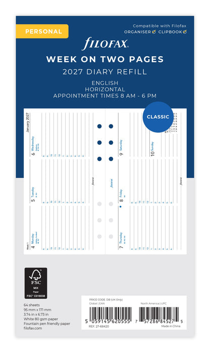 Filofax Personal Horizontal Week on Two Pages Diary Refill 2027 – With Appointments
