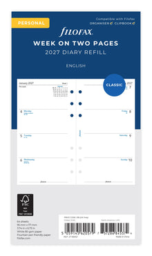 Filofax Personal Week on Two Pages Diary Refill 2027 – English