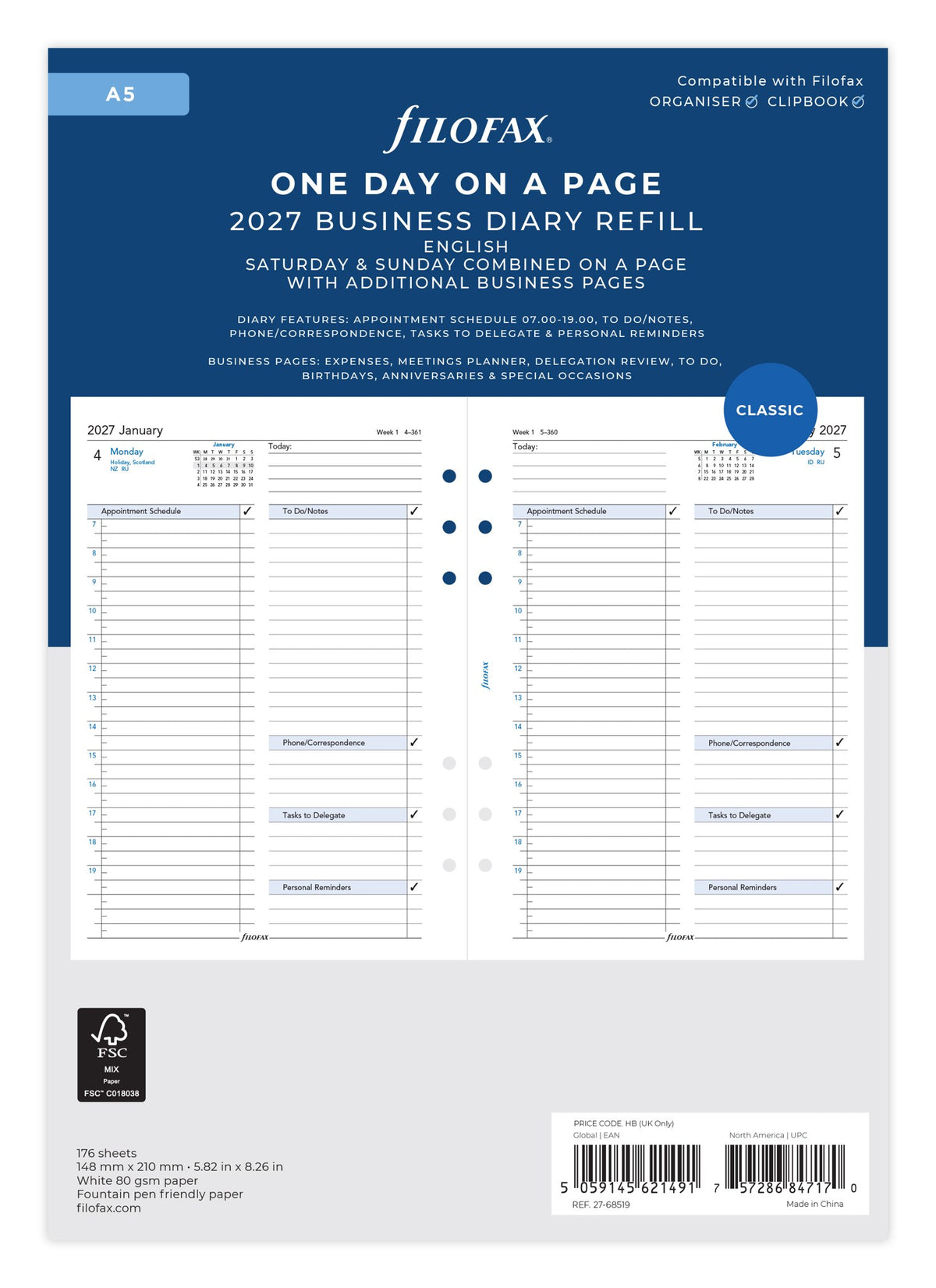 Filofax A5 Day per Page Business Diary Refill 2027 – With Appointments