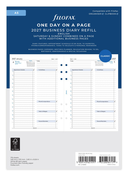 Filofax A5 Day per Page Business Diary Refill 2027 – With Appointments