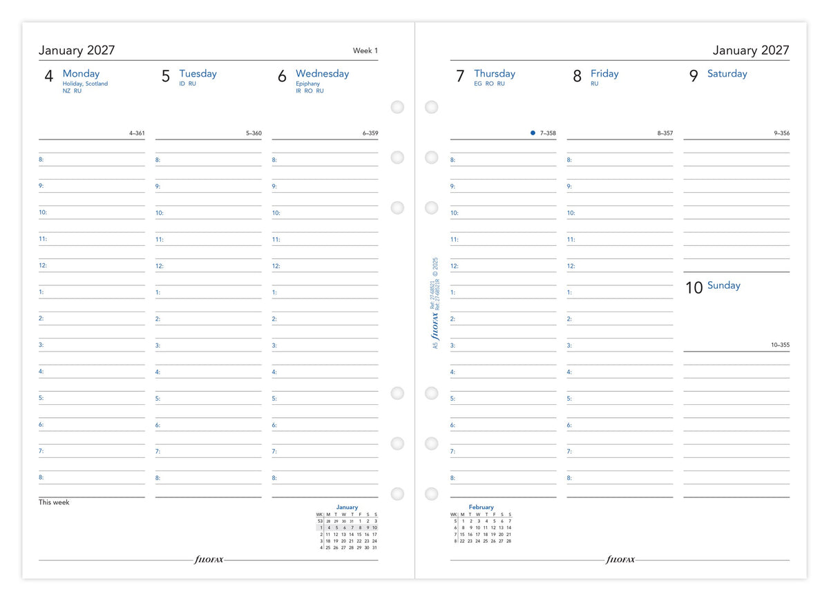 Filofax A5 Week on Two Pages Diary Refill 2027 – With Appointments