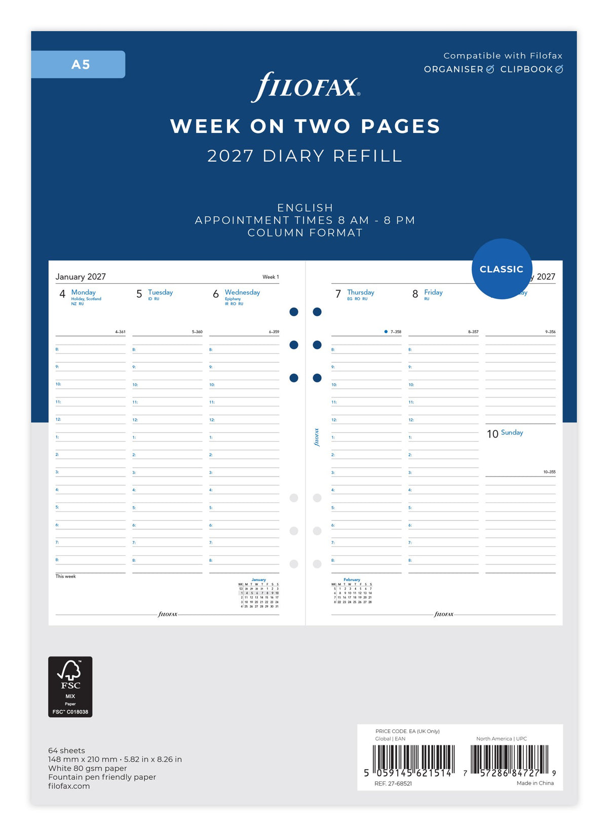 Filofax A5 Week on Two Pages Diary Refill 2027 – With Appointments
