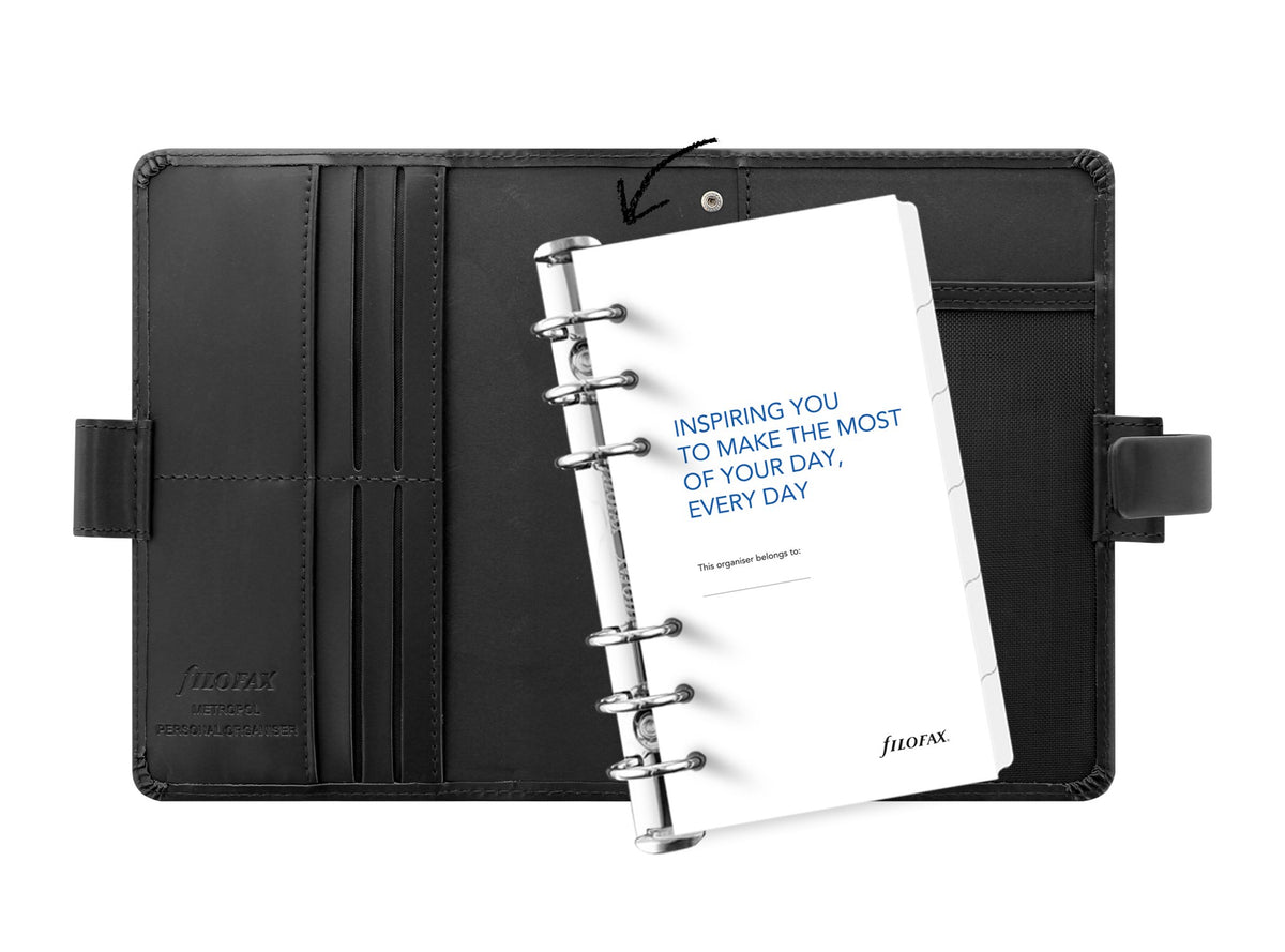 Filofax Metropol Personal Organiser – Black (Modular, Removable Rings)