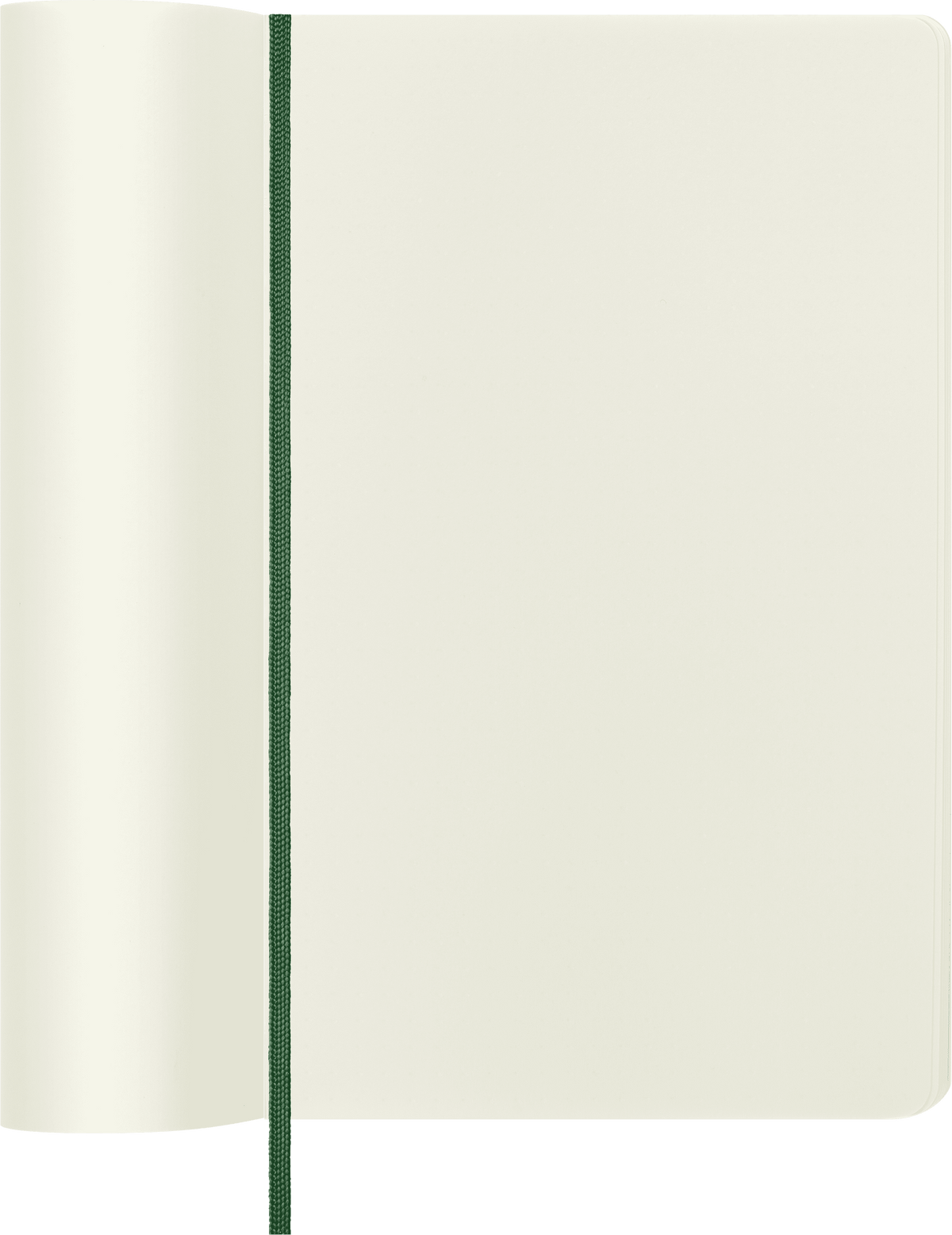 Moleskine Large Plain Soft Cover Notebook in Myrtle Green – open showing plain ivory pages