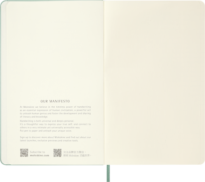 Moleskine Sage Green notebook – open showing plain ivory pages