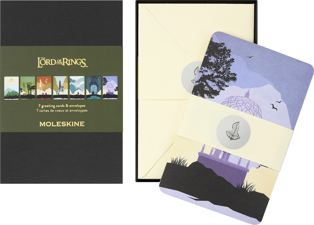 Moleskine Lord of the Rings cards arranged to form a panoramic Middle-earth illustration