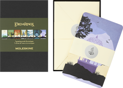Moleskine Lord of the Rings cards arranged to form a panoramic Middle-earth illustration