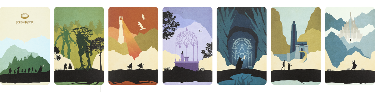 Moleskine Lord of the Rings greeting card designs showing the Fellowship's journey
