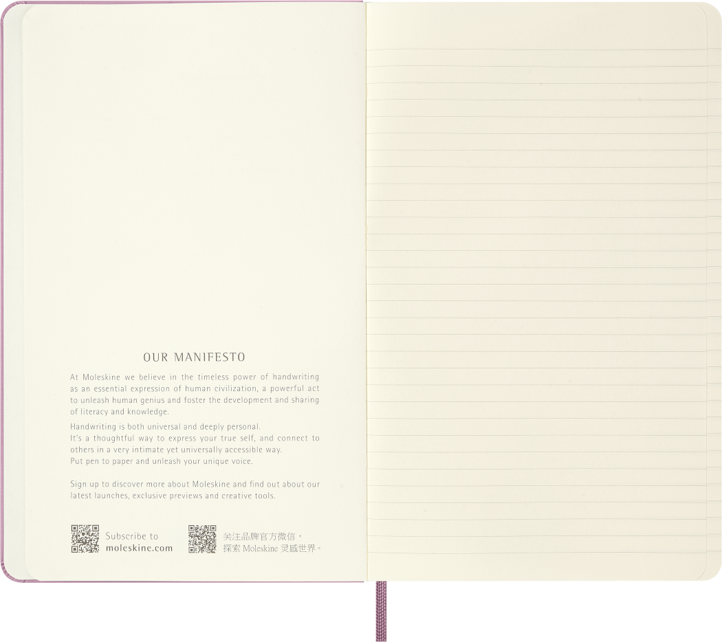 Moleskine Majestic Pink notebook – open showing ruled ivory pages
