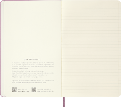 Moleskine Majestic Pink notebook – open showing ruled ivory pages
