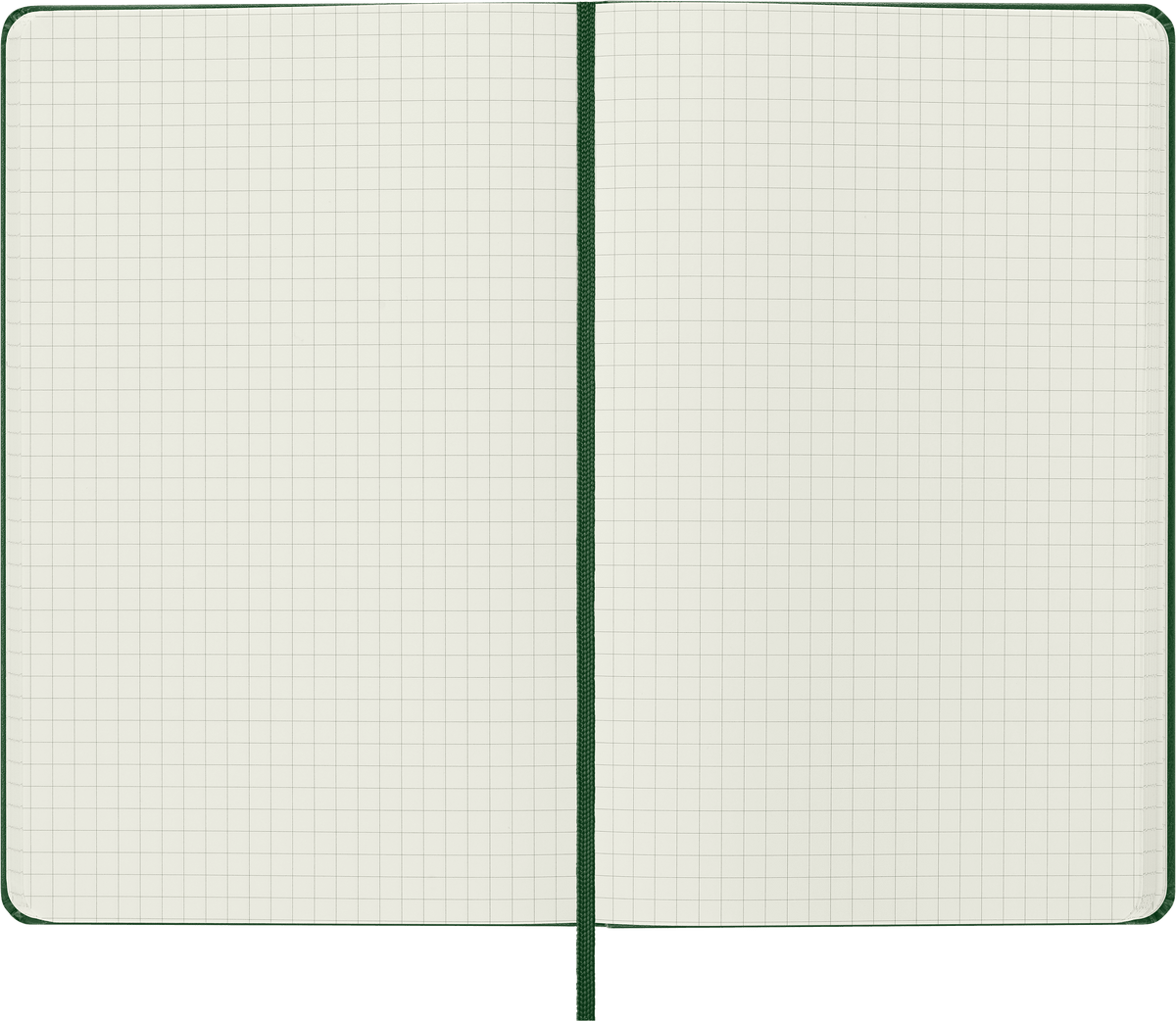 Moleskine Large Squared Hard Cover Notebook in Myrtle Green – open showing squared ivory pages
