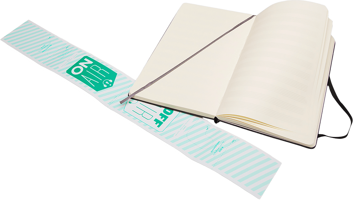 Open Moleskine large music notebook showing staved pages