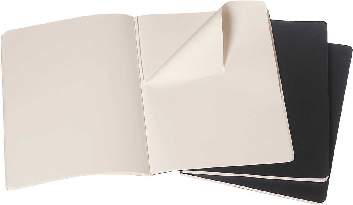 Moleskine extra large black Cahier Journal open showing plain ivory pages