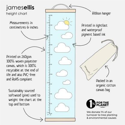 James Ellis canvas height chart features: centimetres and inches, 260gsm recycled polyester canvas, pine wood weights, ribbon hanger, organic cotton bag