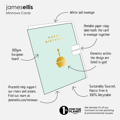 James Ellis Minnows mini card features: gold foiled elements, 300gsm European board, white laid envelope, proceeds support rivers and oceans