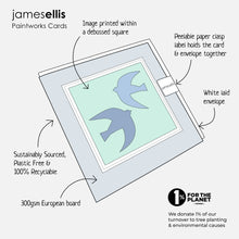 James Ellis Paintworks card features: debossed square image, 300gsm European board, white laid envelope, peelable paper clasp, plastic free and 100% recyclable