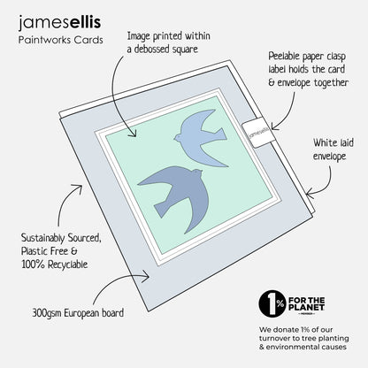 James Ellis Paintworks card features: debossed square image, 300gsm European board, white laid envelope, peelable paper clasp, plastic free and 100% recyclable