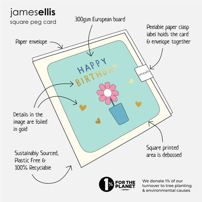 James Ellis Square Peg card features: gold foiled details, debossed square printed area, 300gsm European board, paper envelope, plastic free and recyclable