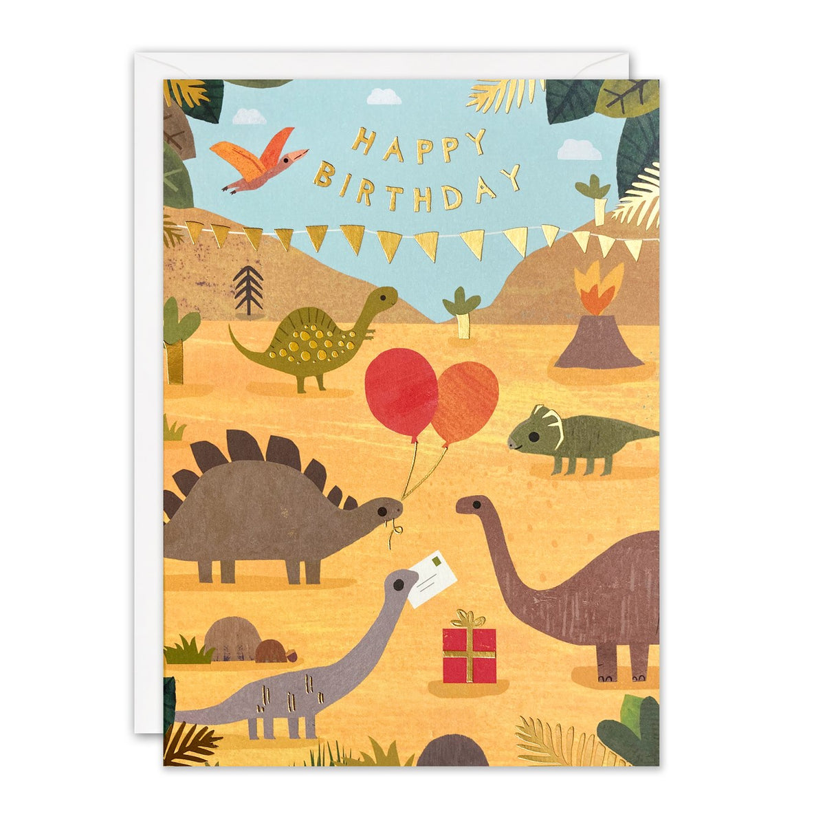 Children's birthday card with dinosaurs, balloons and a volcano in a desert scene, with gold foil Happy Birthday lettering