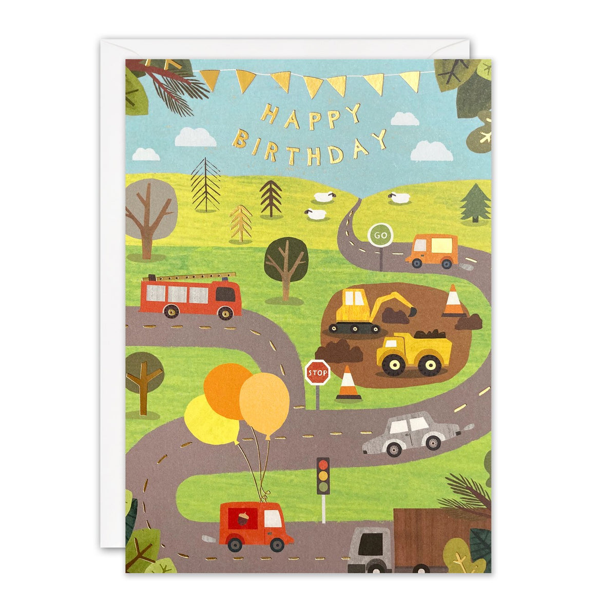 Children's birthday card with a winding road, digger, fire engine, cars and balloons, with gold foil Happy Birthday lettering