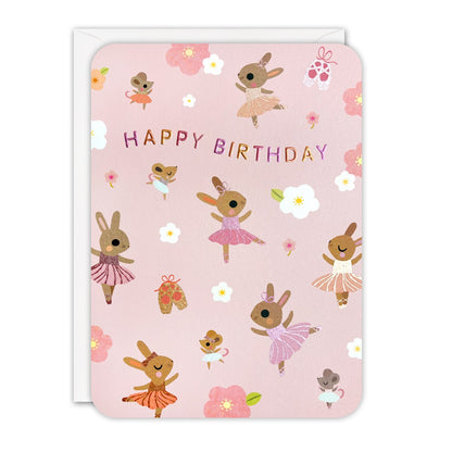Pale pink birthday card with rabbits and mice in tutus, ballet shoes and blossom, with foil Happy Birthday lettering