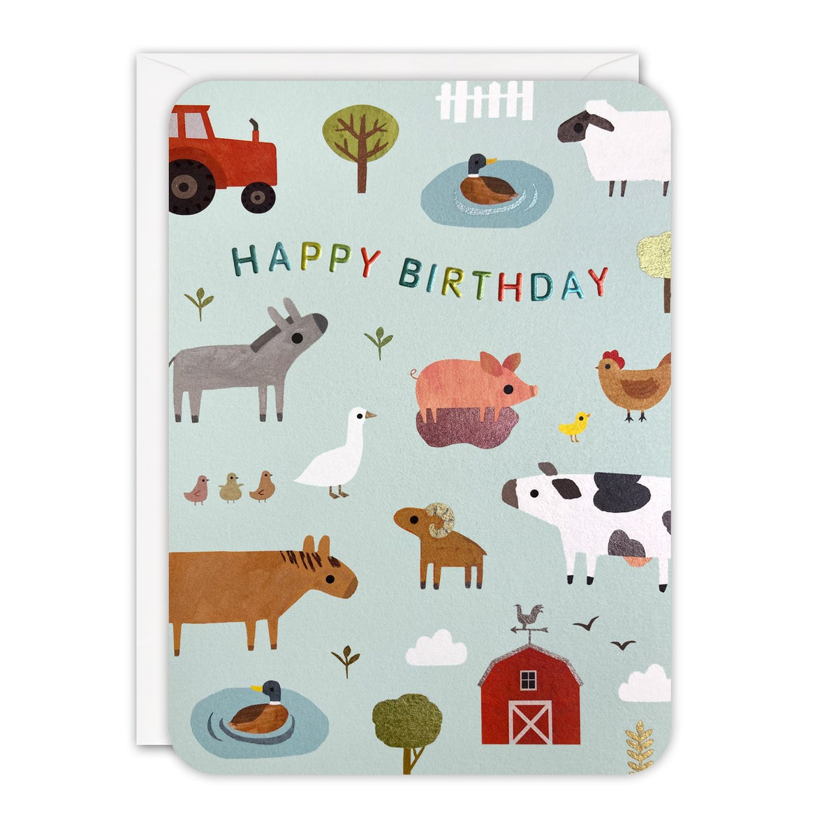 Pale blue birthday card with cows, pigs, sheep, ducks, a tractor and red barn and foil Happy Birthday lettering