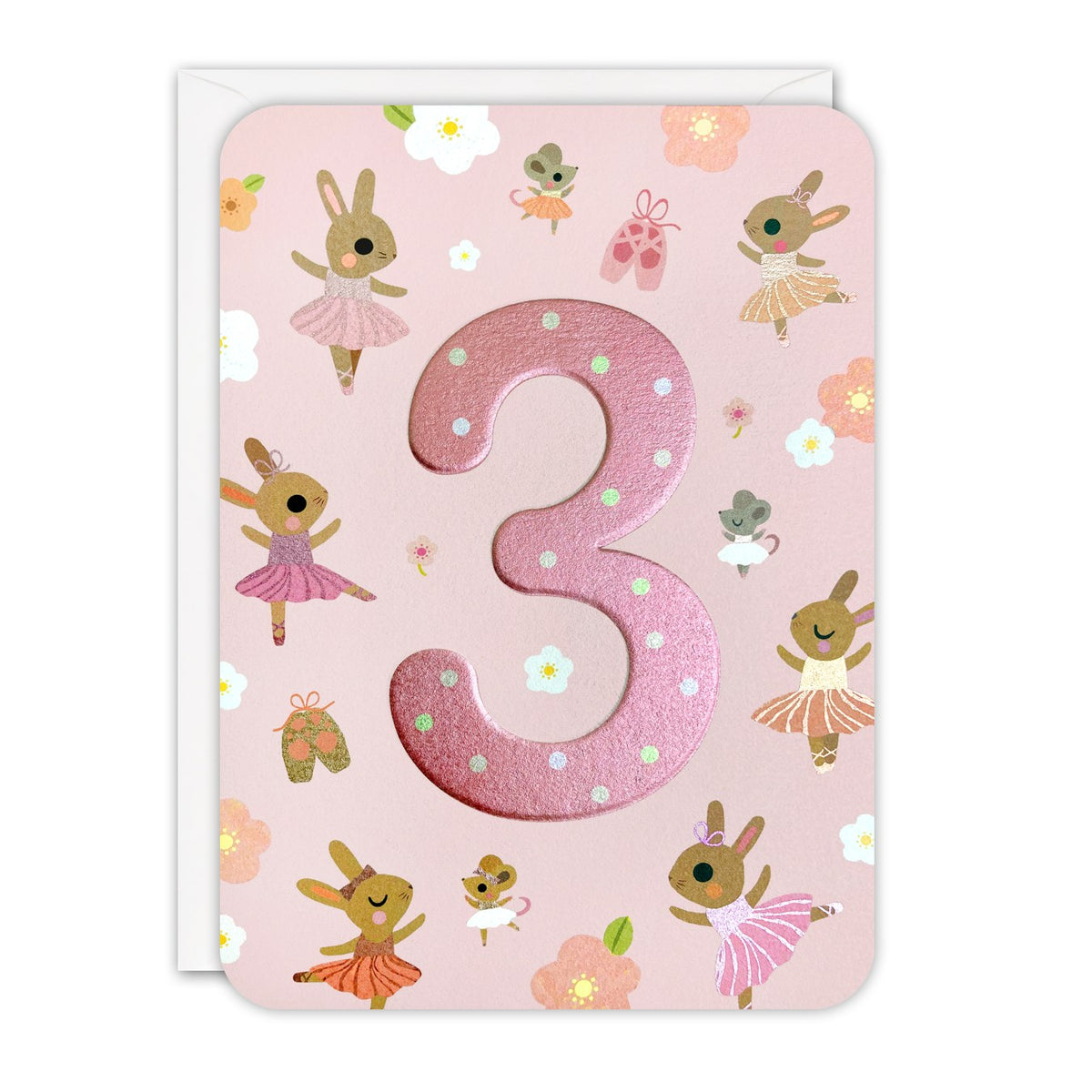 Pale pink 3rd birthday card with a large embossed pink foil number 3 among ballet-dancing bunnies and mice