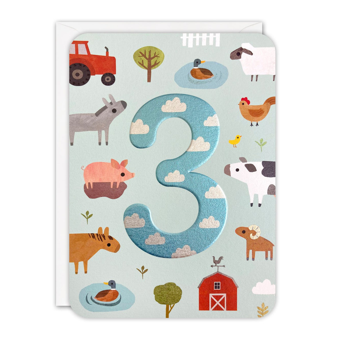 Duck-egg 3rd birthday card with a large embossed blue foil number 3 among farm animals, a tractor and a red barn