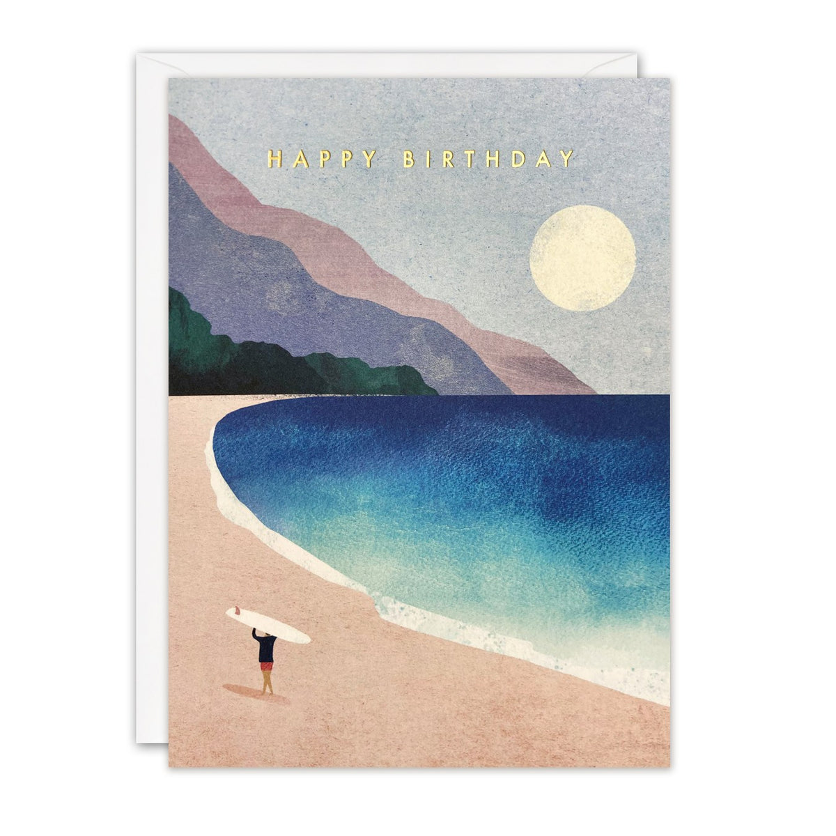 Birthday card of a surfer carrying a board across a pink beach towards a blue bay under a pale moon, gold foil