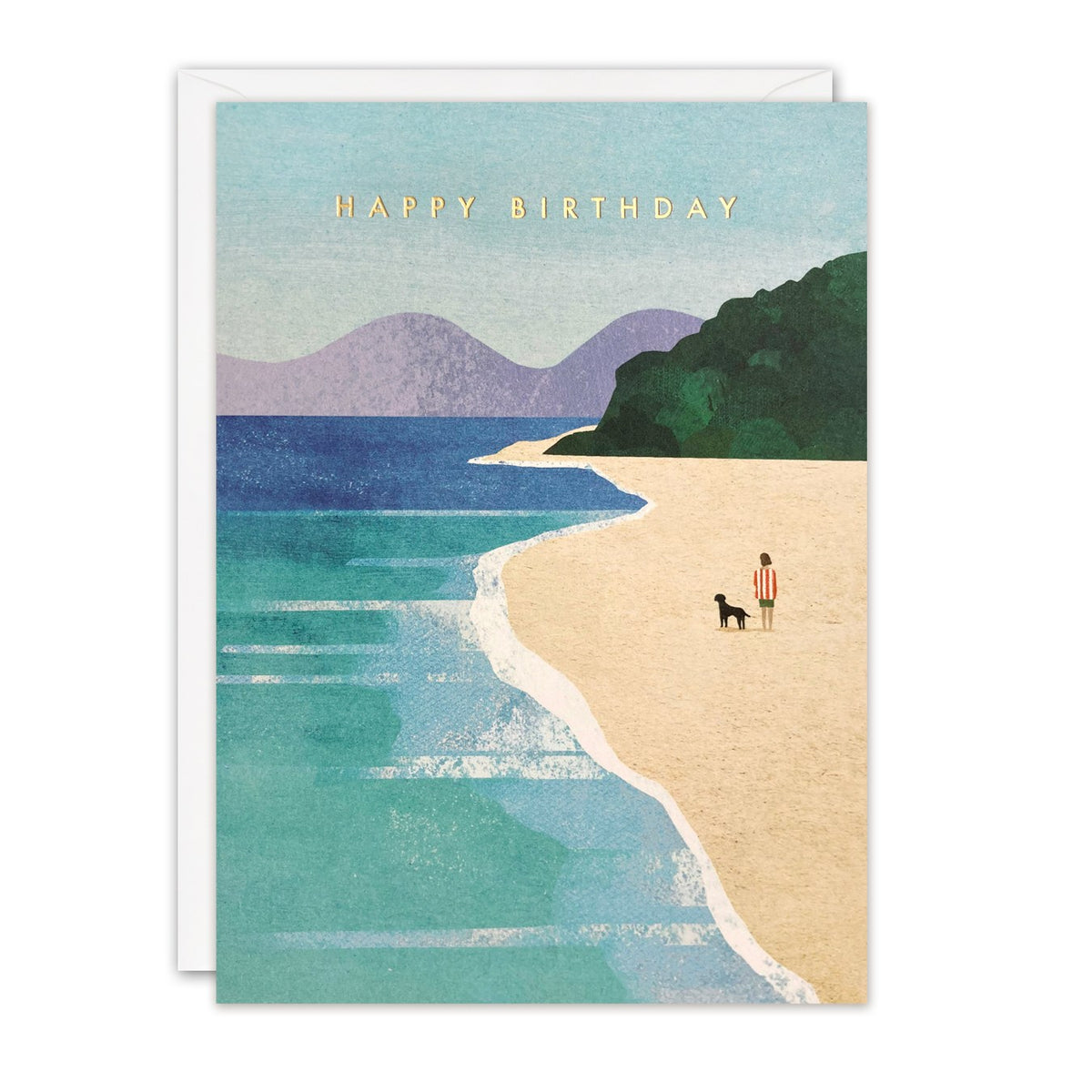 Birthday card of a person walking a black dog along a sandy beach with turquoise waves, gold foil Happy Birthday