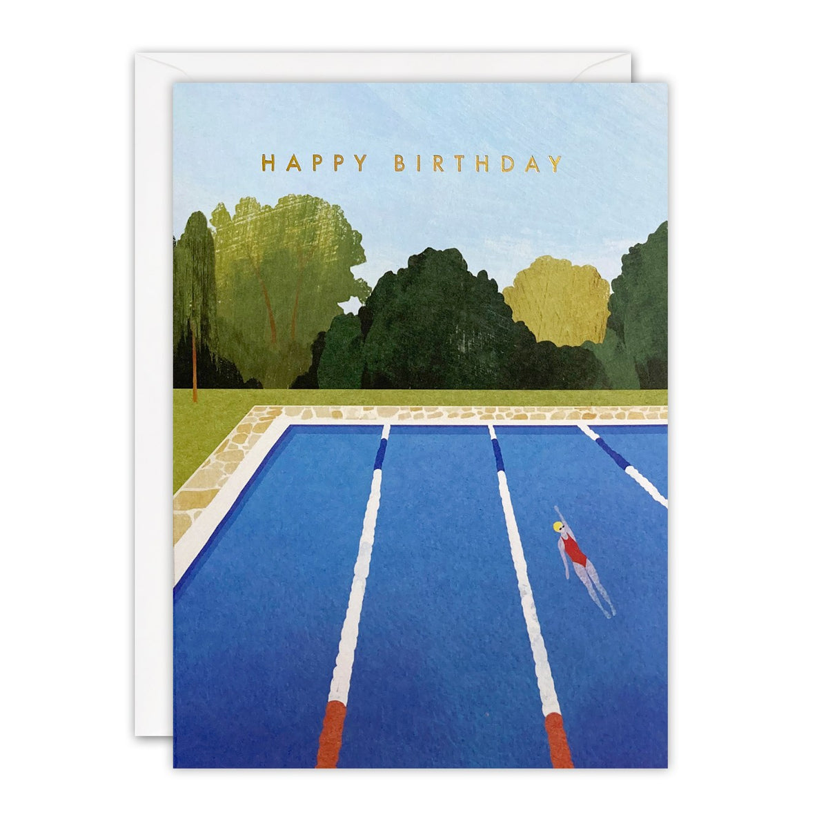 Birthday card of a swimmer in a red costume swimming lengths in a blue outdoor lido, gold foil Happy Birthday