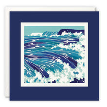 Graphic print of crashing blue and violet waves with white spray beneath a dark headland