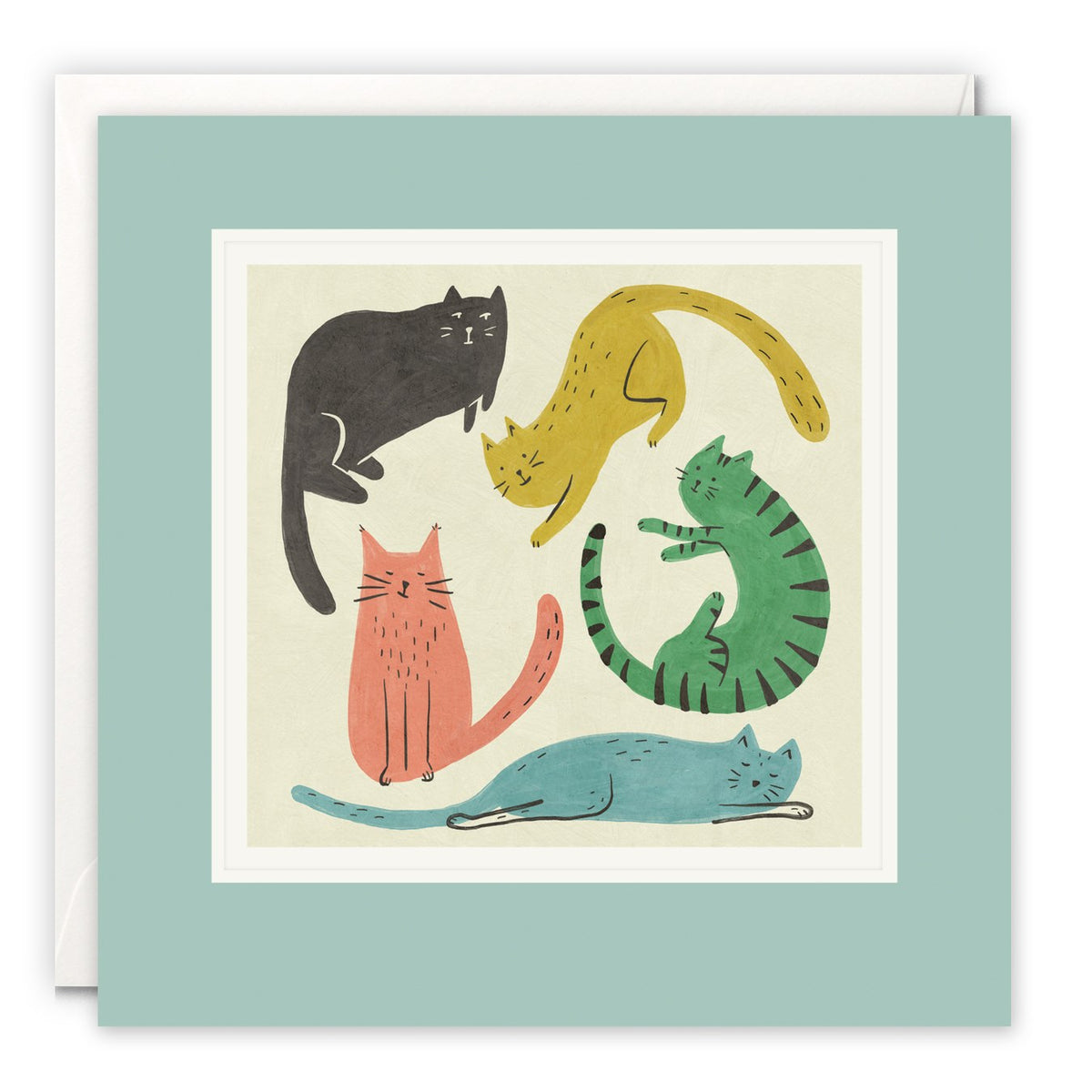 Line drawings of five colourful cats stretching and lounging on a cream background
