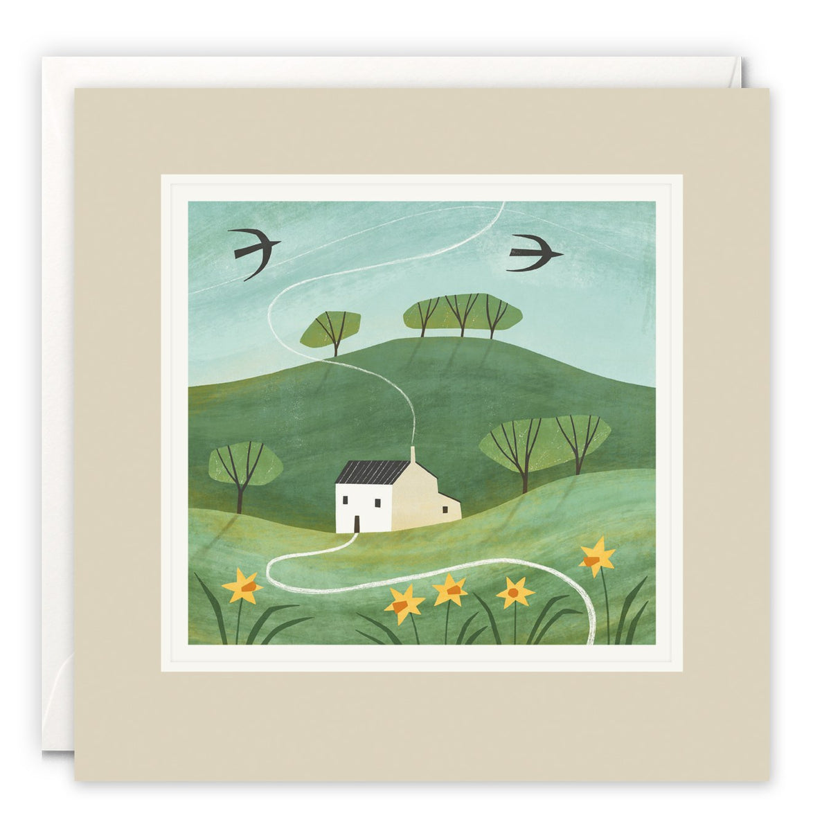White cottage in green rolling hills with daffodils in front and two swallows in the sky
