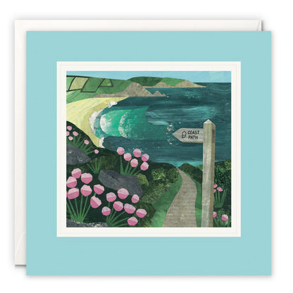 Collage of a coast path signpost beside pink sea thrift above a sandy bay and turquoise sea