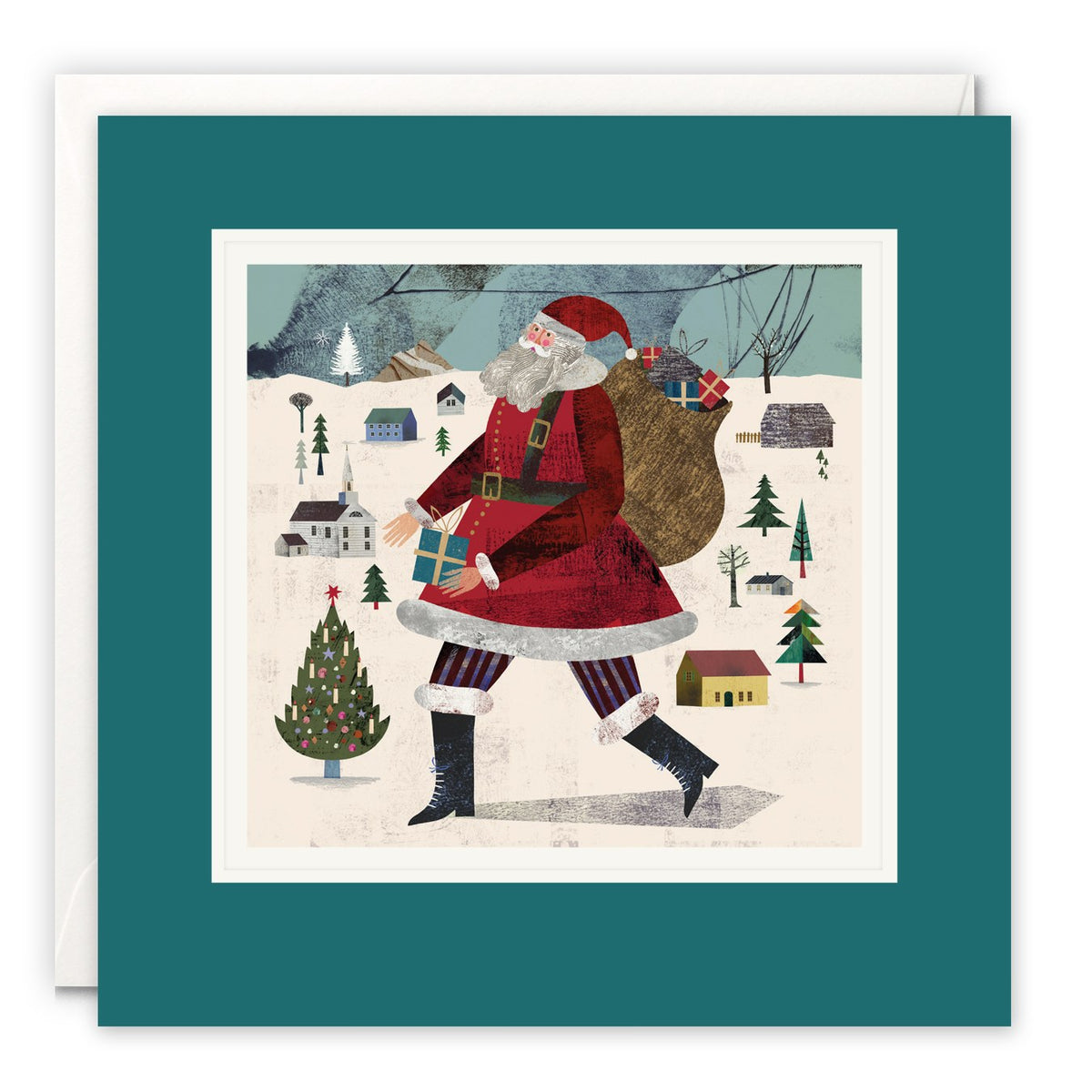 Collage of Santa carrying a sack of presents through a snowy village with a Christmas tree
