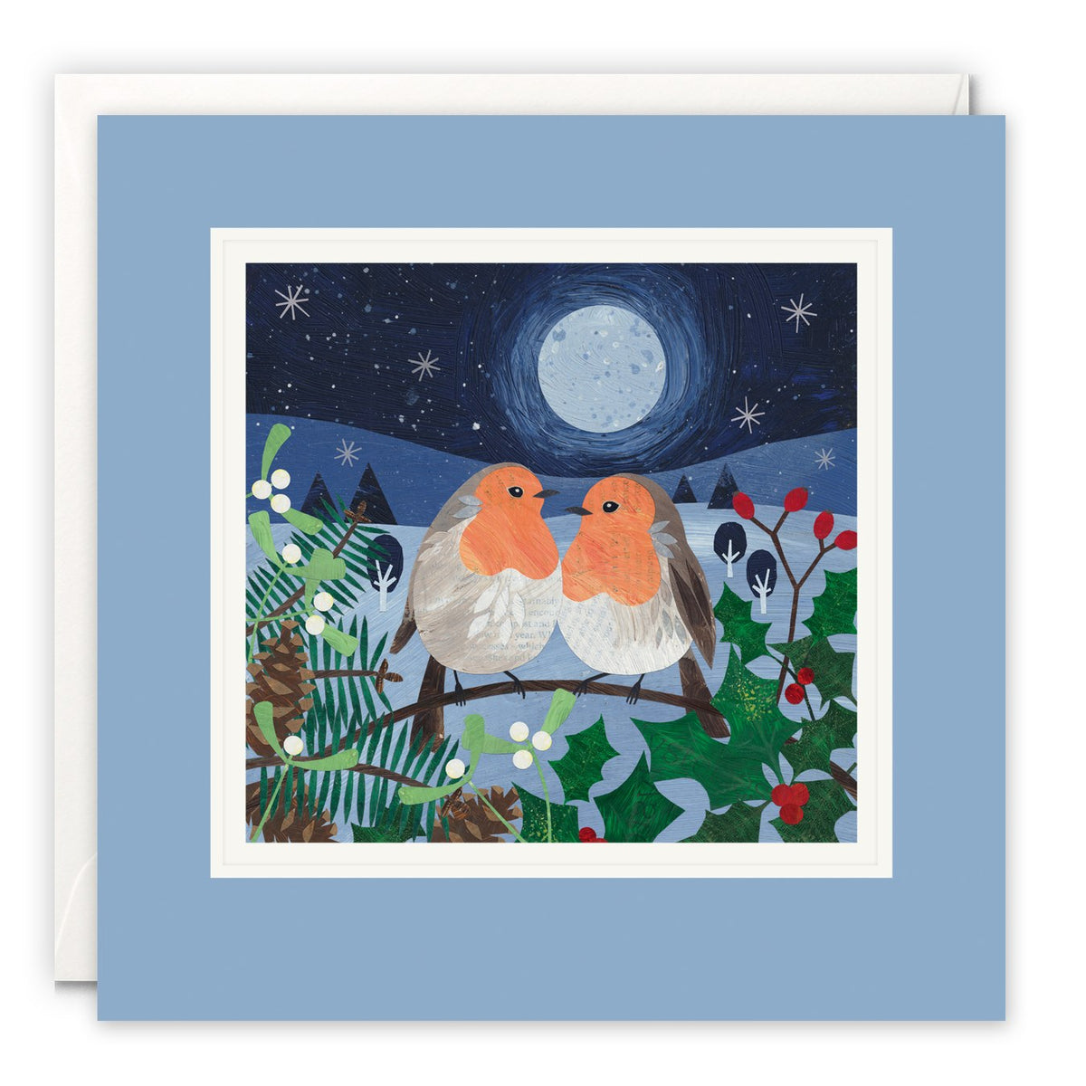 Two robins on a branch under a full moon with holly, mistletoe and pine cones
