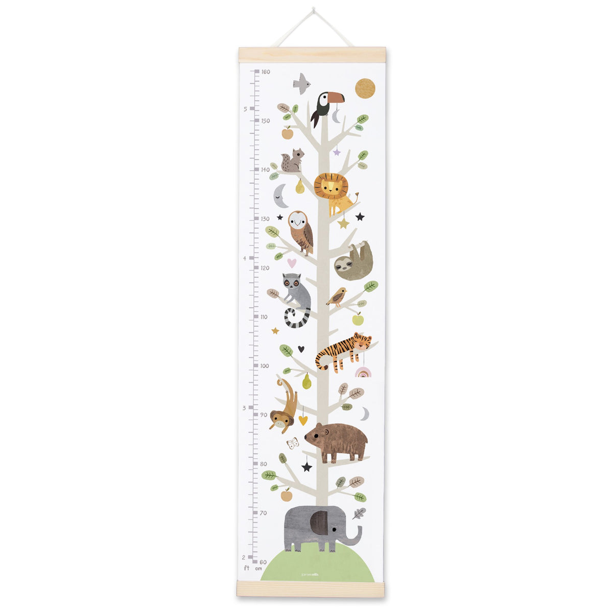 White canvas height chart with a tall tree full of animals including a lion, sloth, owl, tiger and elephant