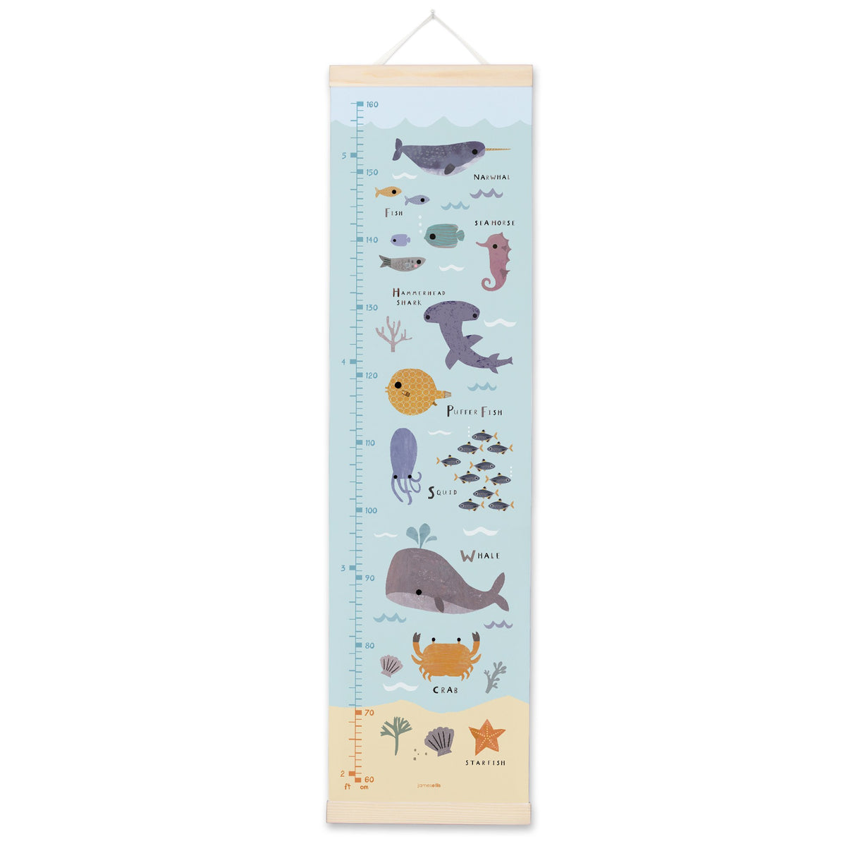 Pale blue canvas height chart with labelled sea creatures from a starfish and crab to a whale and narwhal