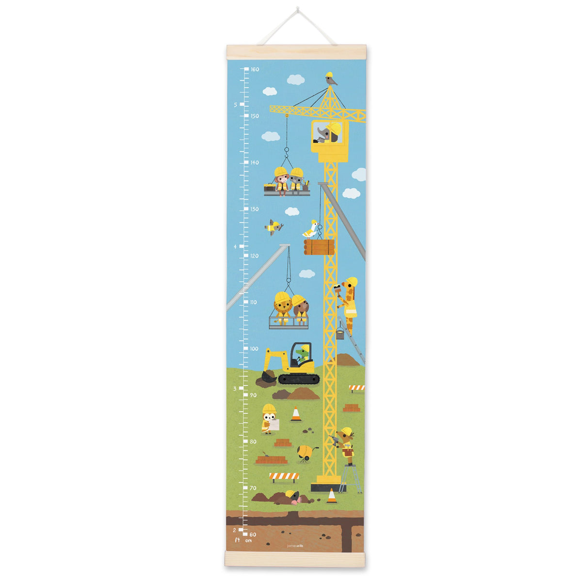 Canvas height chart with a yellow crane, digger and animal builders in hard hats on a building site
