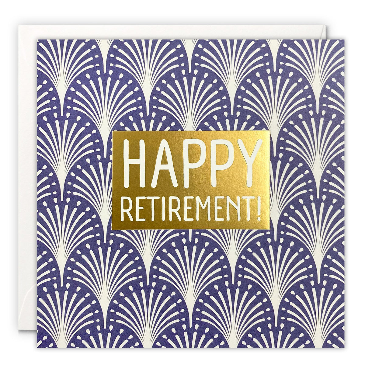 Indigo square retirement card with Happy Retirement! on gold foil over a cream Art Deco fan pattern
