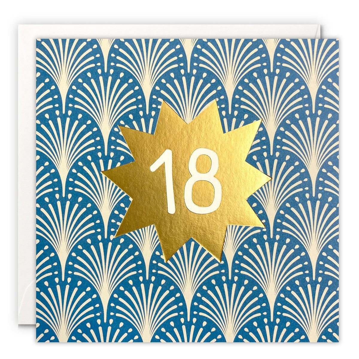 Square 18th birthday card with the number 18 on a gold foil star over a blue Art Deco pattern