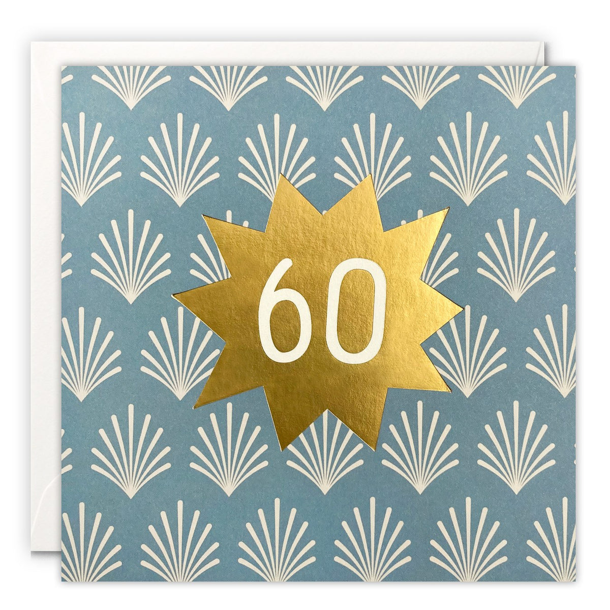 Square 60th birthday card with the number 60 on a gold foil star over a slate blue Art Deco pattern