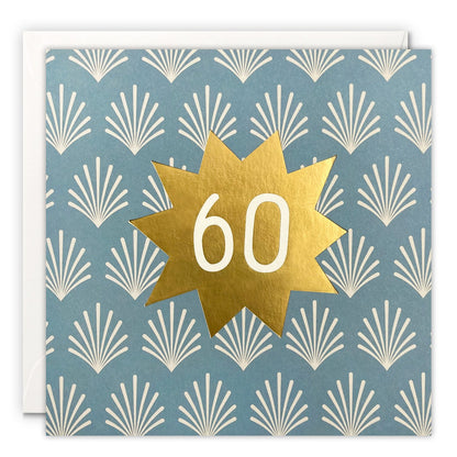 Square 60th birthday card with the number 60 on a gold foil star over a slate blue Art Deco pattern
