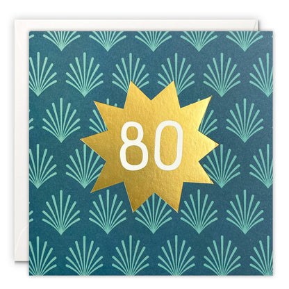 Square 80th birthday card with the number 80 on a gold foil star over a teal Art Deco pattern