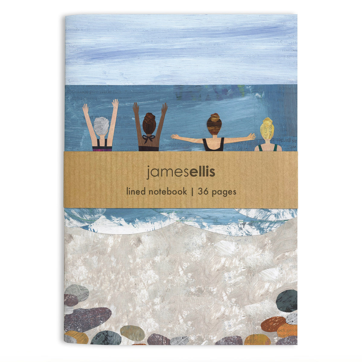 A6 notebook cover showing four women swimmers raising their arms in the sea above a pebbly beach