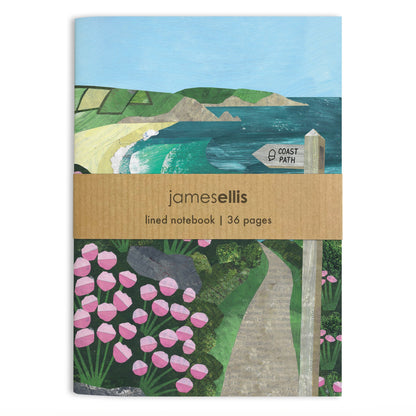 A6 notebook cover with a coast path, pink sea thrift and a Coast Path signpost above a turquoise bay